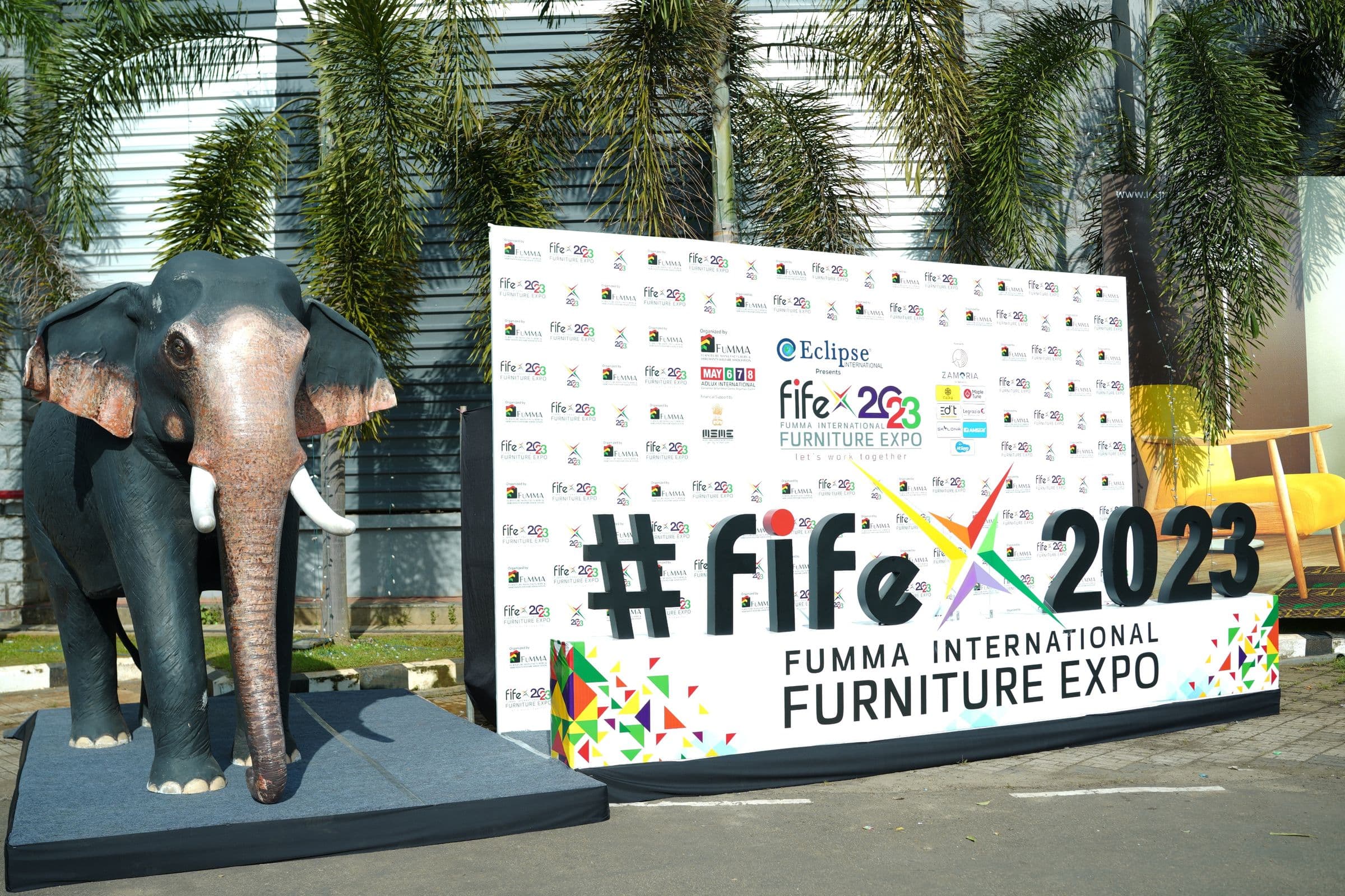 The FIFEX 2023 welcome installation with an elephant sculpture and branded backdrop
