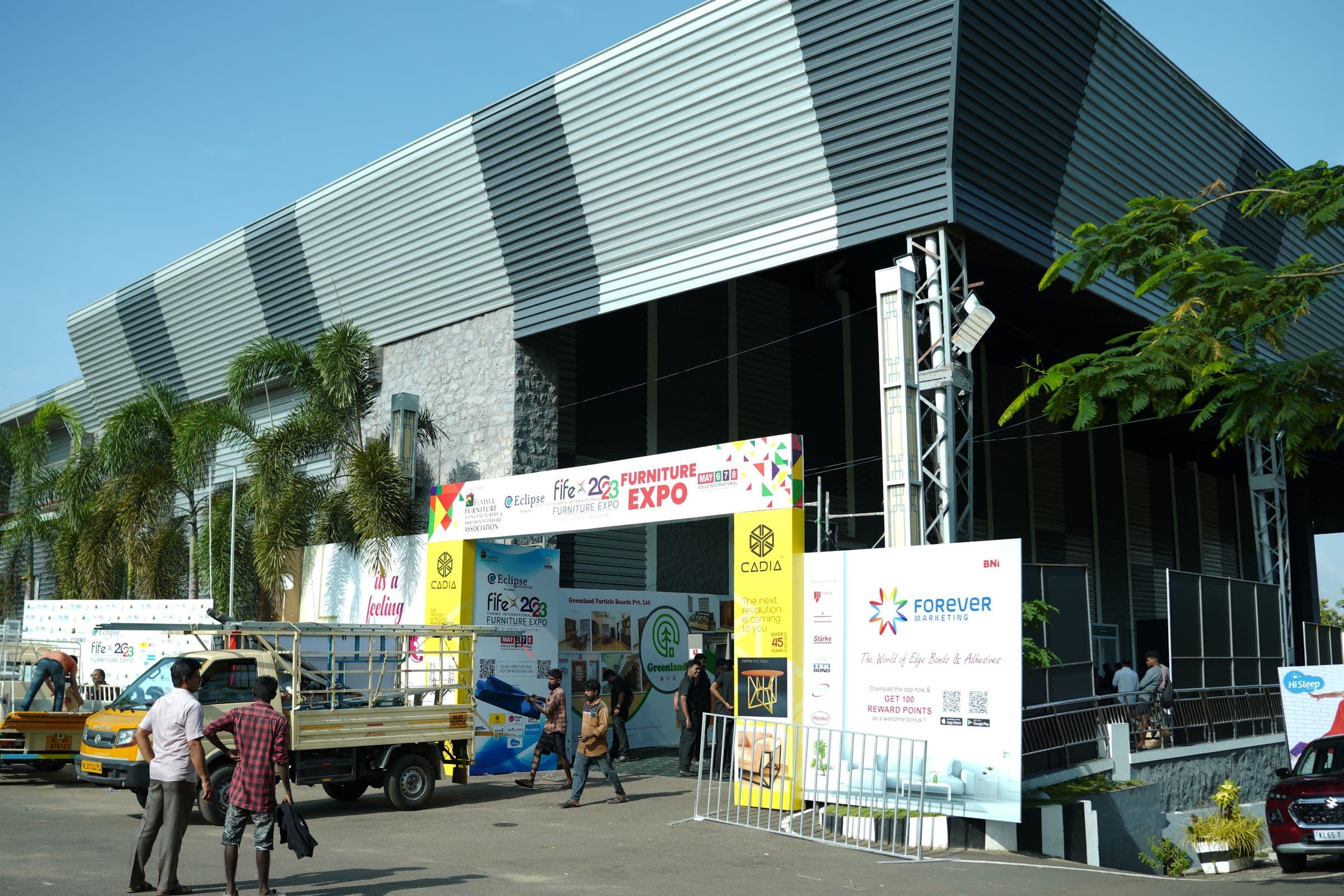 Branded arches and wayfinding outside the FIFEX furniture expo venue