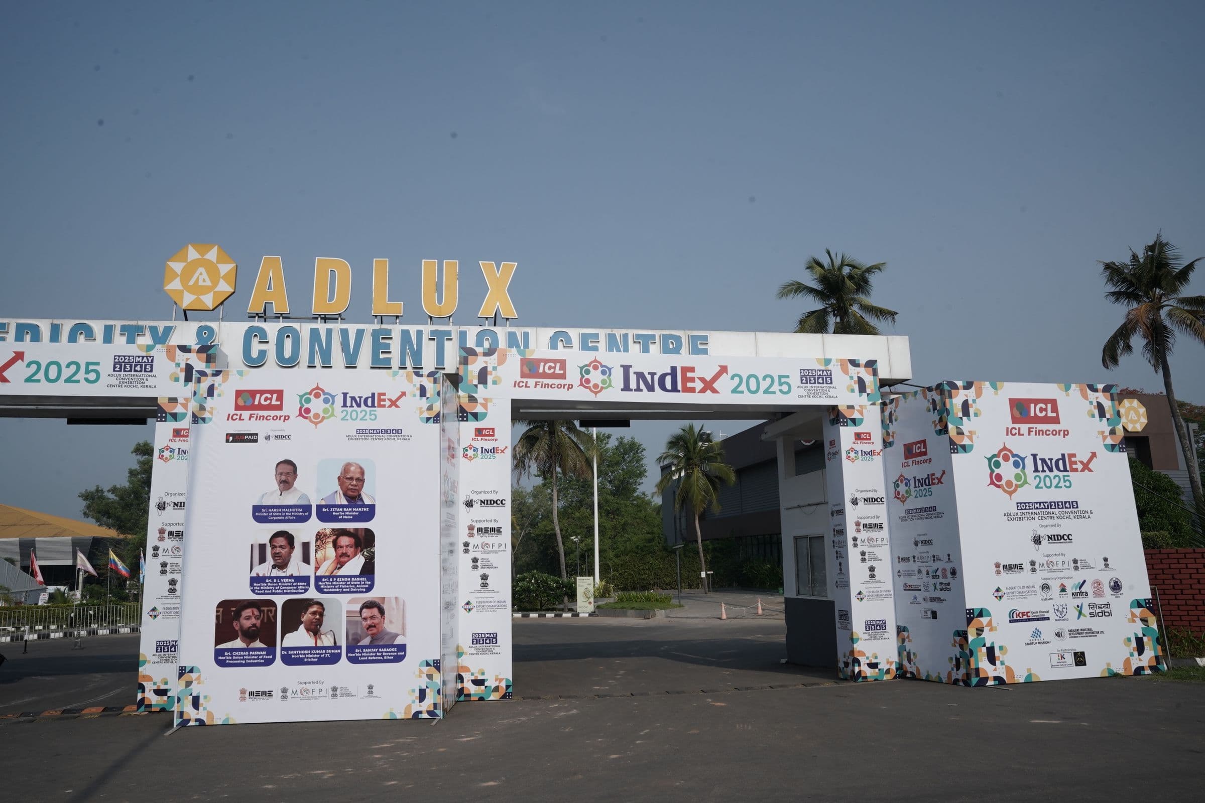 The entrance gate for IndEx 2025 at Adlux Convention Centre