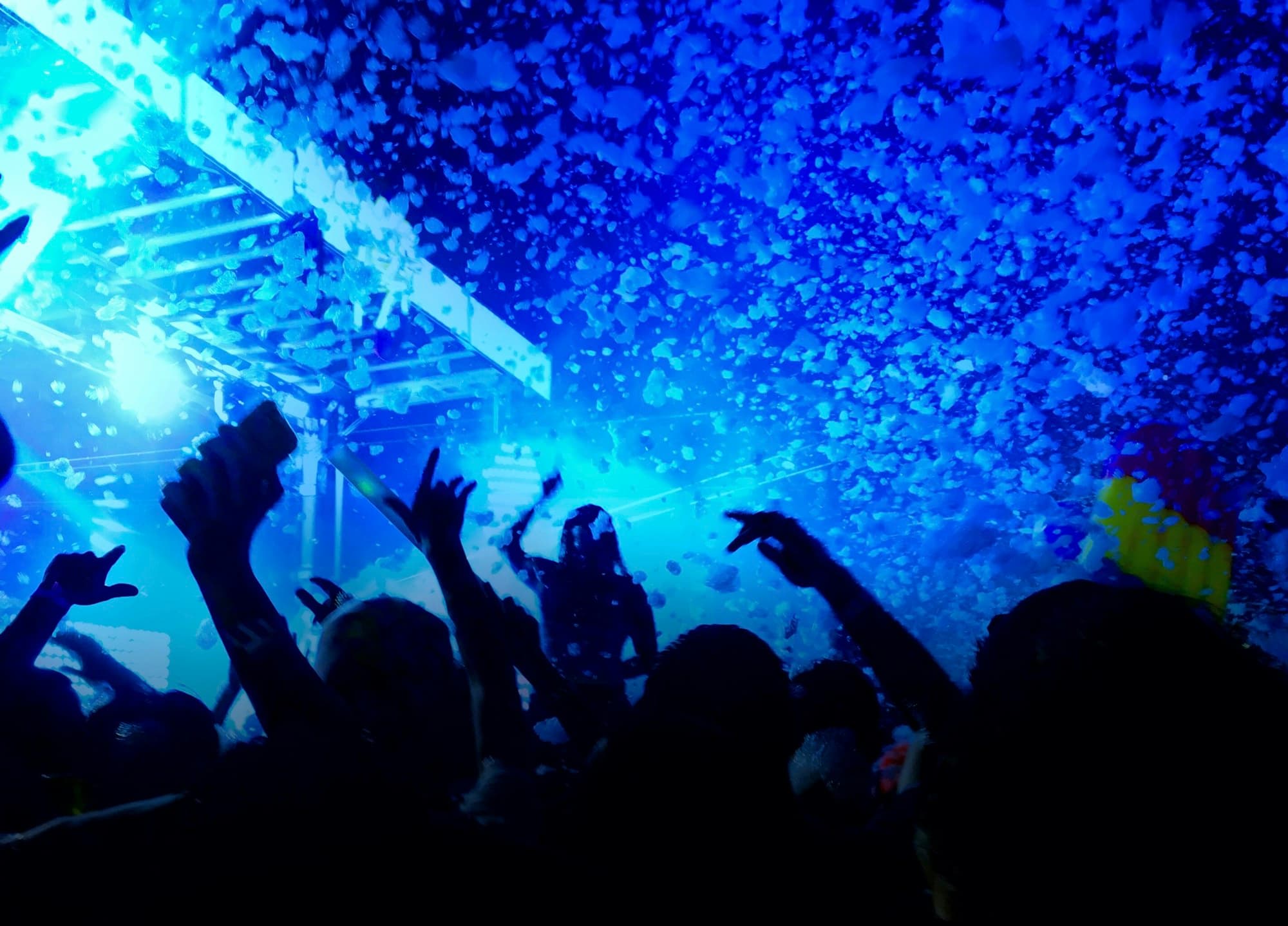 A crowd dances at an outdoor college music festival